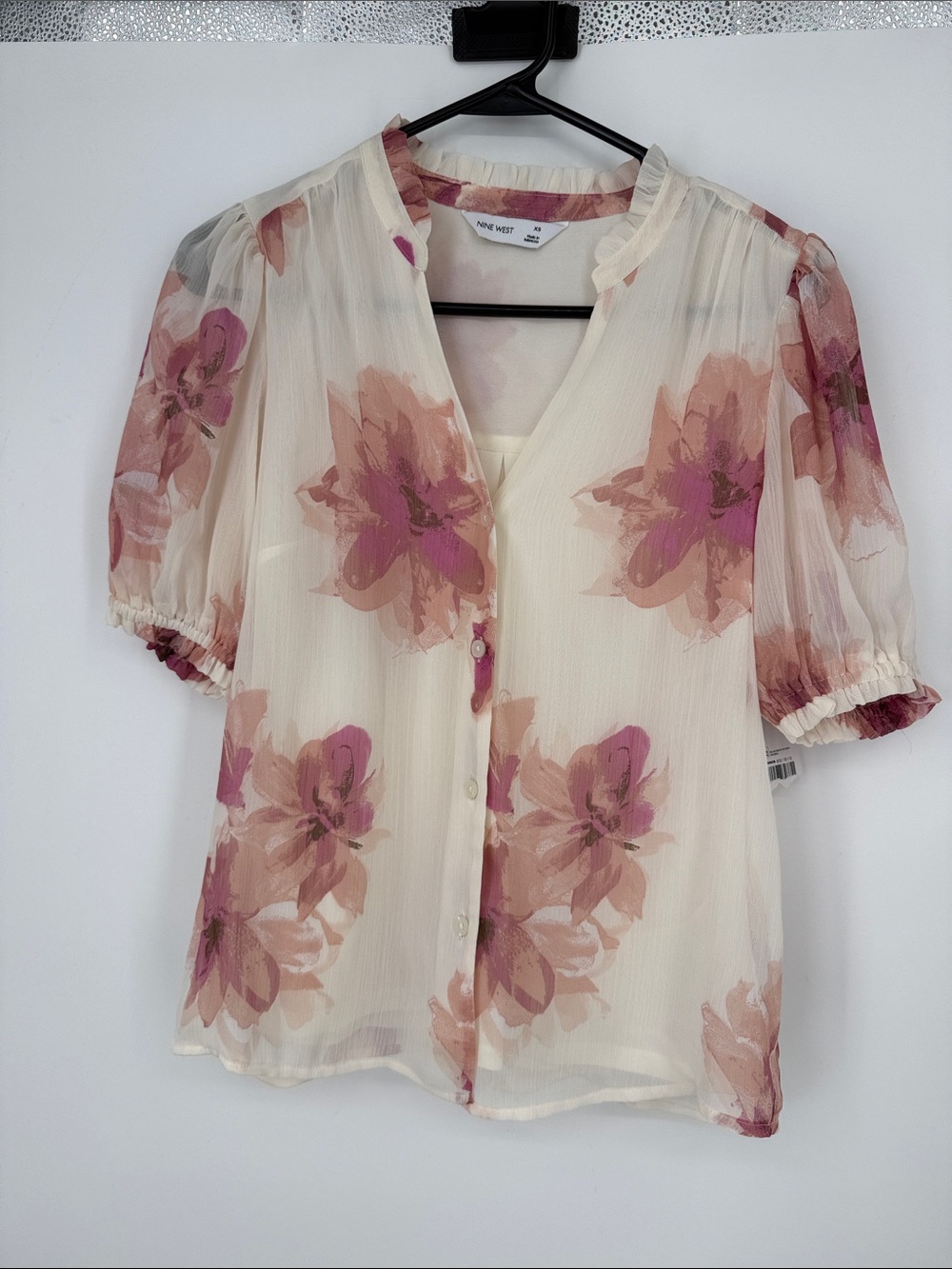 Nine West Cream Floral Button-Front Puff Sleeve Blouse XS